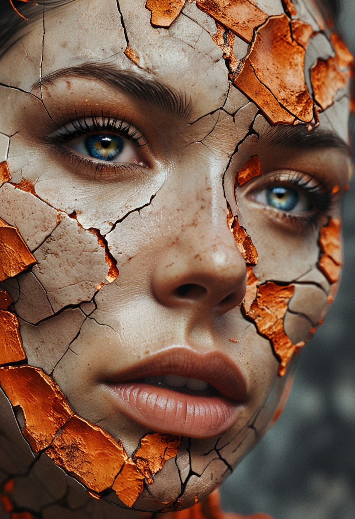 a close up of a person's face on a cracked surface, inspired by Alberto Seveso, featured on zbrush central, portrait of an...